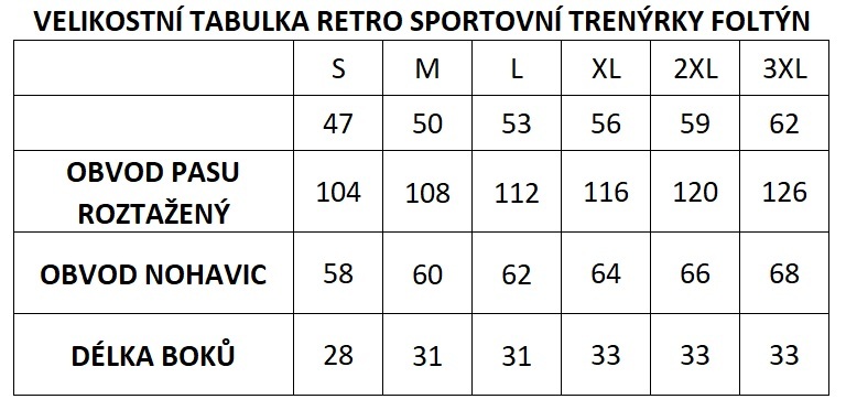 velikostní tabulka retro sportovní tremýrky